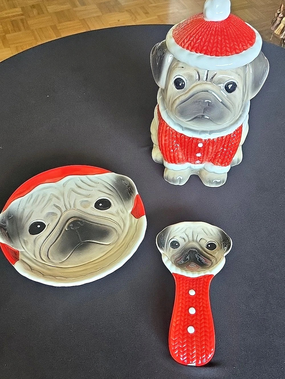 Ceramic Pug Holiday Kitchen Set Red & White Cookie Jar Ladel Plate